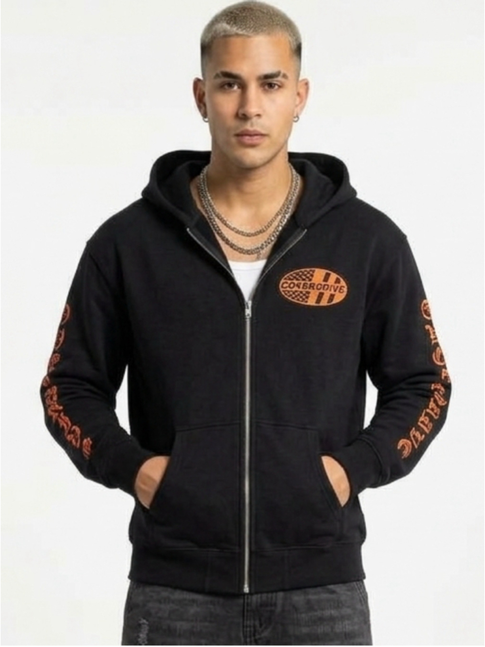 Overdrive Defense Systems Graphic Zip Up Hoodie Black & Neon Orange - Size M 933